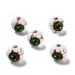 White Halloween Spray Painted Wood Beads, Round with Green Bloody Eyes Pattern, White, 15.5~16x14.5~15mm, Hole: 4mm