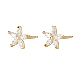 Clear Cubic Zirconia Flower Stud Earrings, Golden 925 Sterling Silver Post Earrings, Clear, 7.2mm