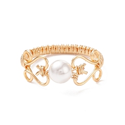 Light Gold Shell Pearl Braided Finger Ring, Brass Wire Wrap Jewelry for Women, Light Gold, US Size 7 3/4(17.9mm)