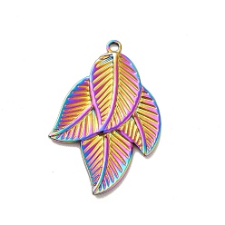 Rainbow Color Placage ionique (ip) 304 pendentifs en acier inoxydable, charmes de feuilles, couleur arc en ciel, 32x21.5x1.5mm, Trou: 1.6mm