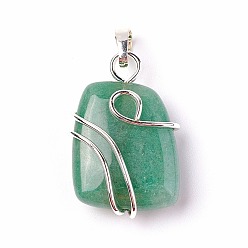 Green Aventurine Natural Green Aventurine Pendants, with Brass Findings, Trapezoid, Silver Color Plated, 32~33x21~23x10~11mm, Hole: 8x5mm