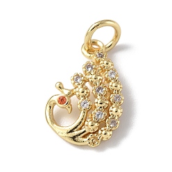 Real 18K Gold Plated Brass Micro Pave Cubic Zirconia Charms, with Jump Ring, Peacock Charms, Real 18K Gold Plated, 14.5x10x2mm, Hole: 3mm