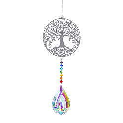 Colorful Metal Big Pendant Decorations, Hanging Sun Catchers, Chakra Theme K9 Crystal Glass, Flat Round with Tree of Life, Colorful, 49cm