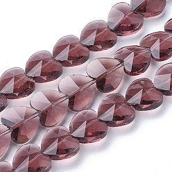 Rosa Viejo Perlas de vidrio transparentes, facetados, corazón, rosa viejo, 14x14x8.5 mm, agujero: 1 mm