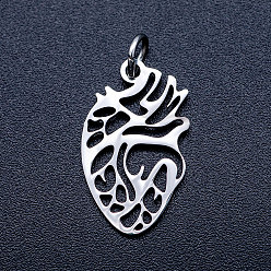 Stainless Steel Color 201 Stainless Steel Pendants, Anatomical Organ Heart Shape, with Unsoldered Jump Rings, Stainless Steel Color, 20x12x1mm, Hole: 3mm, Jump Ring: 5x0.8mm