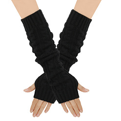 Black Acrylic Fiber Yarn Knitting Fingerless Gloves, Long Winter Warm Gloves with Thumb Hole, Black, 500x75mm