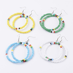Mixed Color Seed Beads Basketball Wives Hoop Earrings, with Brass Earring Hooks, Ring, Platinum, Mixed Color, 75mm, pin: 0.6mm