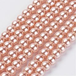 Pêche Brins de perles de verre teints écologiques, Grade a, ronde, cordon en coton fileté, peachpuff, 5mm, Trou: 1.2~1.5mm, Environ 80 pcs/chapelet, 15.7 pouce