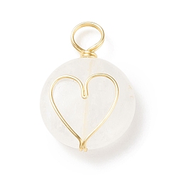 Quartz Crystal Natural Quartz Crystal Pendants, Rock Crystal Pendants, with Real 18K Gold Plated Eco-Friendly Copper Wire Wrapped, Flat Round with Heart Charm, 22x16x5.5mm, Hole: 3~4.5mm