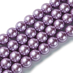 Violet Eco-Friendly Glass Pearl Beads Strands, Grade A, Round, Dyed, Cotton Cord Threaded, Violet, 14mm, Hole: 1.2~1.5mm, about 30pcs/strand, 15.7 inch