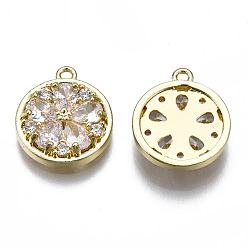 Golden Brass Micro Pave Clear Cubic Zirconia Charms, Flat Round with Flower, Golden, 13x11.5x3mm, Hole: 1.2mm