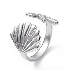 Stainless Steel Color 304 Stainless Steel Shell with Starfish Open Cuff Ring for Women, Stainless Steel Color, Inner Diameter: 18mm