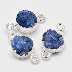 Royal Blue Electroplated Natural & Dyed Druzy Agate Links connectors, with Silver Color Plated Brass Findings, Flat Round, Royal Blue, 16~18x10~10.5x6~7mm, Hole: 2mm