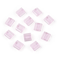 Perlas de Color Rosa 2 agujero granos de la semilla de cristal, colores transparentes, Rectángulo, rosa perla, 5x4.5~5.5x2~2.5 mm, agujero: 0.5~0.8 mm