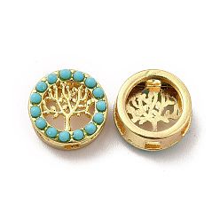 Golden Alloy Slide Charms, with Synthetic Turquoise, Flat Round with Tree of Life, Golden, 12x5.5mm, Hole: 1.8mm & 2.1x7.7mm