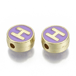 Letter H Alloy Enamel Beads, Cadmium Free & Nickel Free & Lead Free, Flat Round with Initial Letters, Light Gold, Letter.H, 8x4mm, Hole: 1.5mm