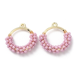 Pearl Pink Brass Ring with Seed Beaded Pendants, Donut Charms, Pearl Pink, 25x24x5.5mm, Hole: 1.6mm