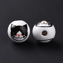 Black Printed Wood European Beads, Large Hole Beads, Round with Cat Pattern, Black, 15.5~16x14.5~15mm, Hole: 4.6mm