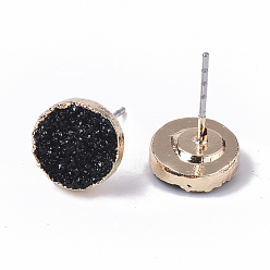 Black Electroplate Druzy Resin Stud Earrings, with Iron Pins and Light Gold Plated Iron Findings, Flat Round, Black, 10mm, Pin: 0.6mm