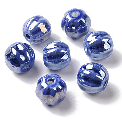 Medium Blue Handmade Pearlized Porcelain Beads, Pearlized, Pumpkin, Medium Blue, 13x12mm, Hole: 2mm