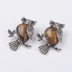 Tiger Eye Natural Tiger Eye Pendants, with Alloy Finding, Owl, Antique Silver, 46.5x35.5x11.5mm, Hole: 6x8.5mm