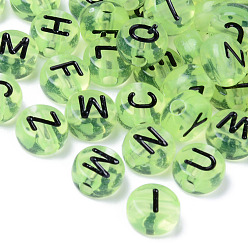 Vert Clair Perles acryliques transparentes, trou horizontal, plat rond avec des lettres aléatoires, vert clair, 7x3.5mm, Trou: 1.8mm, environ3600~3700 pcs / 500 g