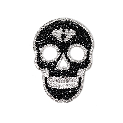 Jet Strass hotfix en forme de crâne d'Halloween, appliques en strass, pour les déguisements, chapeau, sac, jet, 89x63mm