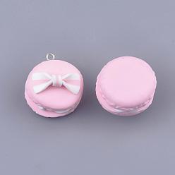 Pink Handmade Polymer Clay Pendants, Macarons with Bowknot, Pink, 28~30x25~26x16~21mm, Hole: 2mm