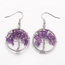 Amethyst Dangle Earrings, with Natural Amethyst Beads and Brass Hooks, Ring with Tree of Life, 50mm, Pin: 0.6mm