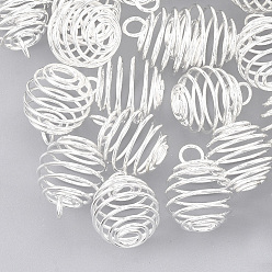 Argent Pendentifs en fil de fer, pendentifs de cage de perle en spirale, ronde, couleur argent plaqué, 17x14mm, Trou: 3.5mm