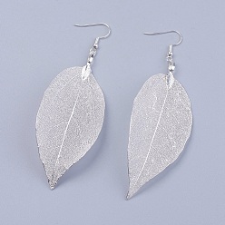 Silver Brass Plated Natural Leaf Dangle Earrings, with Brass Earring Hooks and Jewelry Box, Silver, 98mm, Pin: 0.7mm, 1 Pair/box