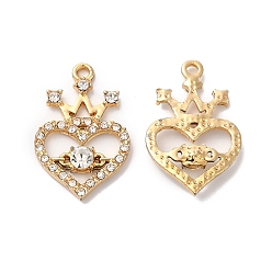 Oro Colgantes de diamantes de imitación de cristal de aleación de chapado en rack, corazón con dijes de corona, dorado, 27x17x4 mm, agujero: 2 mm