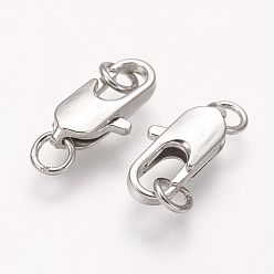 Platinum Brass Lobster Claw Clasps, with Soldered Jump Rings, Platinum, Clasps: 10.5x5mm, Soldered Jump Rings: 4x0.7~0.8mm, Inner Diameter: 1.5mm