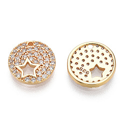 Real 18K Gold Plated 925 Sterling Silver Micro Pave Cubic Zirconia Charms, with S925 Stamp, Flat Round with Star Charms, Nickel Free, Real 18K Gold Plated, 9.5x1.5mm, Hole: 0.8mm