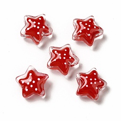 Rouge Des billes de verre transparentes, avec motif à pois, étoiles, rouge, 13x13x6.5mm, Trou: 1mm