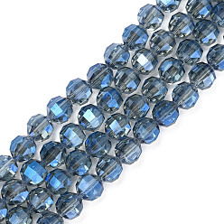 Steel Blue Transparent Electroplate Glass Beads Strands, Faceted Round, Steel Blue, 10mm, Hole: 1.4mm, about 72Pcs/strand, 27.56 inch(70cm)
