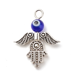 Antique Silver Tibetan Style Alloy Pendants, with Handmade Evil Eye Lampwork, Angel, Antique Silver, 27.5x22x6mm, Hole: 3mm