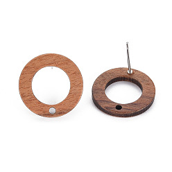 Tan Walnut Wood Stud Earring, with 304 Stainless Steel Pin and Hole, Ring, Tan, 18mm, Hole: 1.6mm, Pin: 0.7mm
