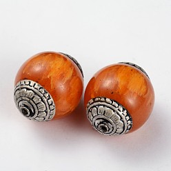Dark Orange Tibetan Style Round Beads, with Resin Imitation Beeswax and Antique Silver Brass Findings, Dark Orange, 27x21mm, Hole: 1.5mm