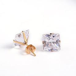 Clear Square Cubic Zirconia Stud Earrings, with Golden Plated 304 Stainless Steel Pins, Clear, 4.5x4mm, Pin: 0.9mm
