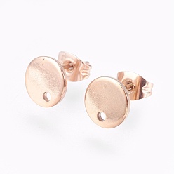 Rose Gold Ion Plating(IP) 304 Stainless Steel Stud Earring Findings, with Flat Plate, Flat Round, Rose Gold, 8x1mm, 12mm, pin: 0.8mm