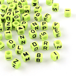 Lawn Green Letter Style Opaque Acrylic Beads, Horizontal Hole, Cube, Lawn Green, 6x6x6mm, Hole: 3.5mm, about 2700pcs/500g