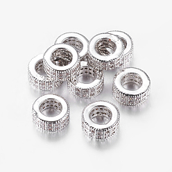 Platinum Brass Cubic Zirconia European Beads, Column, Platinum, 8x4mm, Hole: 5mm