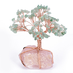 Green Aventurine Natural Green Aventurine Chips and Rose Quartz Pedestal Display Decorations, Healing Stone Tree, for Reiki Healing Crystals Chakra Balancing, with Rose Gold Tone Aluminum Wires, Lucky Tree, 120~150x65~80x52~72mm