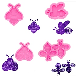 Ярко-Розовый Кулон с насекомыми и силиконовые формы для кабошонов, формы для литья смолы, для изготовления ювелирных изделий из УФ-смолы и эпоксидной смолы божья коровка и пчелы, ярко-розовый, 43~86x61~87x6~8.5 мм, отверстие : 4.5~5 мм, 4 шт / комплект