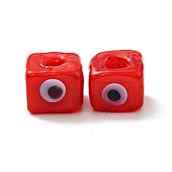 Red Handmade Evil Eye Lampwork European Beads, Large Hole Beads, Cube, Red, 8~9x9~10x9~10mm, Hole: 4.3mm