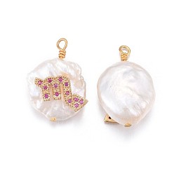 Scorpio Natural Cultured Freshwater Pearl Pendants, with Brass Micro Pave Cubic Zirconia Findings, Nuggets with Constellation, Golden, Fuchsia, Scorpio, 17~22x11~16x5~11mm, Hole: 1.6mm