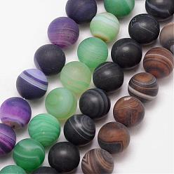 Mixed Color Natural Striped Agate/Banded Agate Bead Strands, Round, Grade A, Frosted, Dyed & Heated, Mixed Color, 10mm, Hole: 1mm, about 37pcs/strand, 15 inch