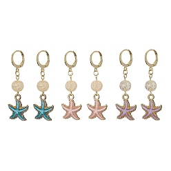 Couleur Mélangete Boucles d'oreilles créoles en quartz craquelé synthétique étoile de mer, boucles d'oreilles pendantes en alliage pour femmes, couleur mixte, 47mm, 3 paire / ensemble.