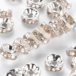 Silver Brass Rhinestone Spacer Beads, Grade B, Clear, Silver Color Plated, Size: about 8mm in diameter, 3.8mm thick, hole: 1.5mm